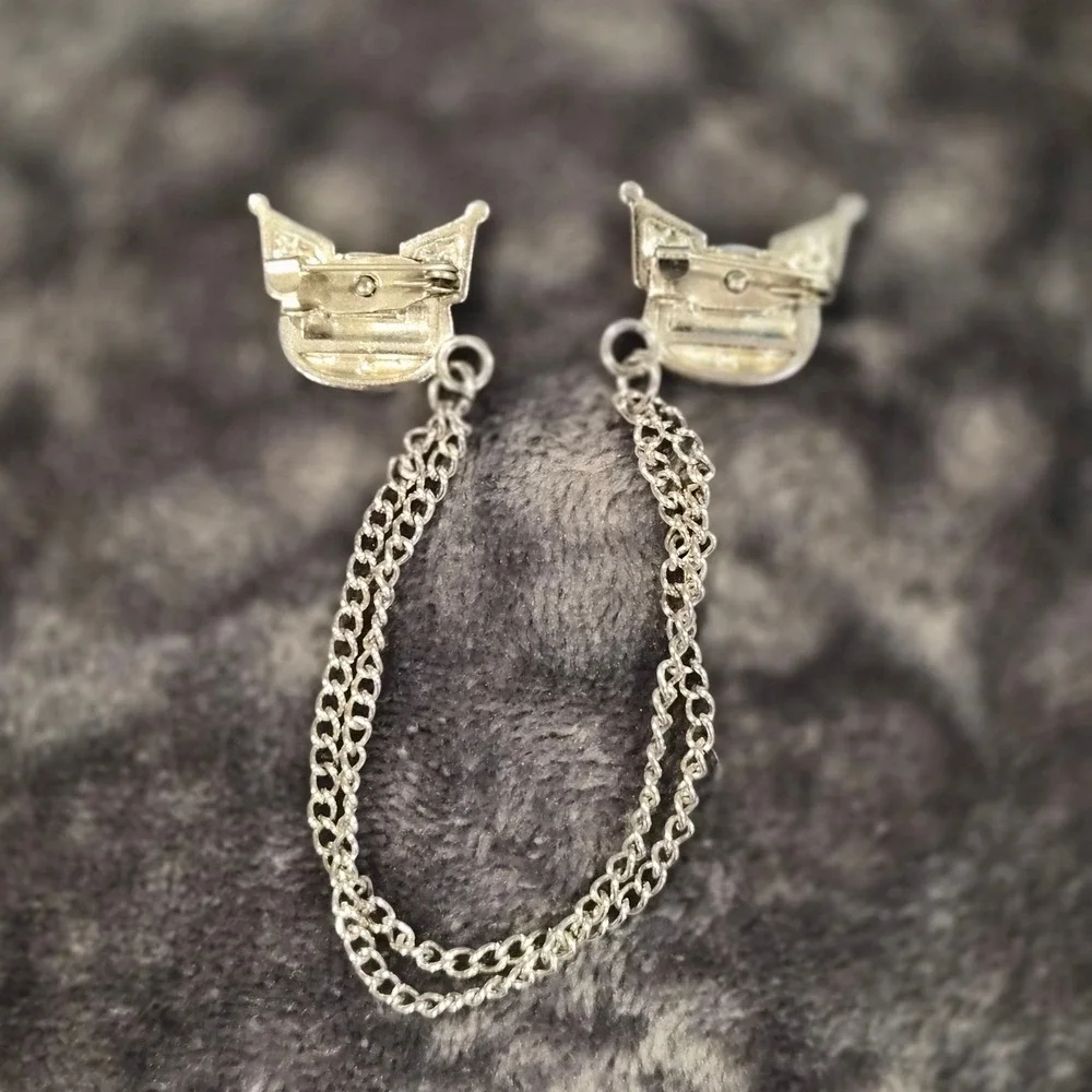 Kuromi Rhinestone Cardigan Clips Silver Tone Sanrio Collar Pins Double Chain